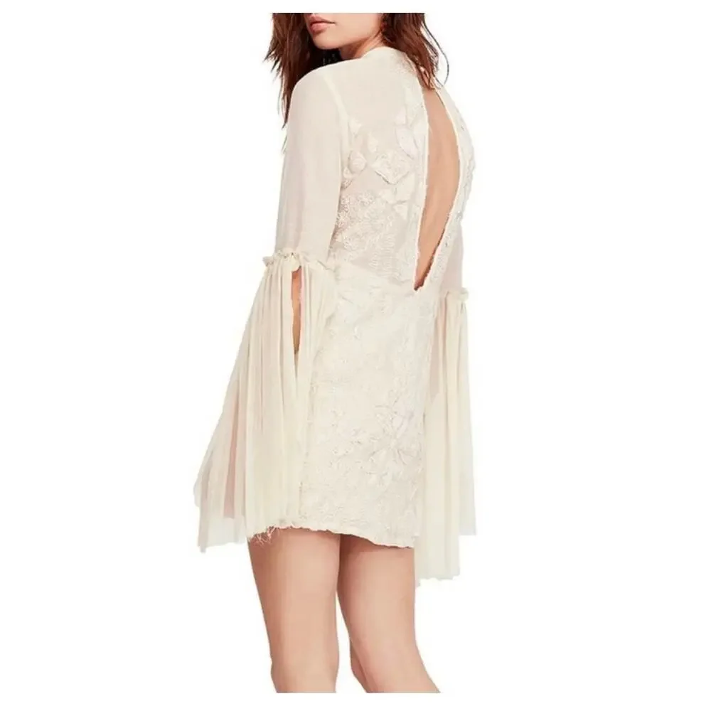 Free People Cleo Cream Embroidered Flare Sleeve Mock Neck Mini Dress 6